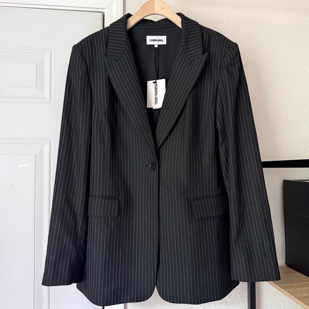 Nwt Saintart Black Pin Striped One Button Long Sleeve Blazer Jacket